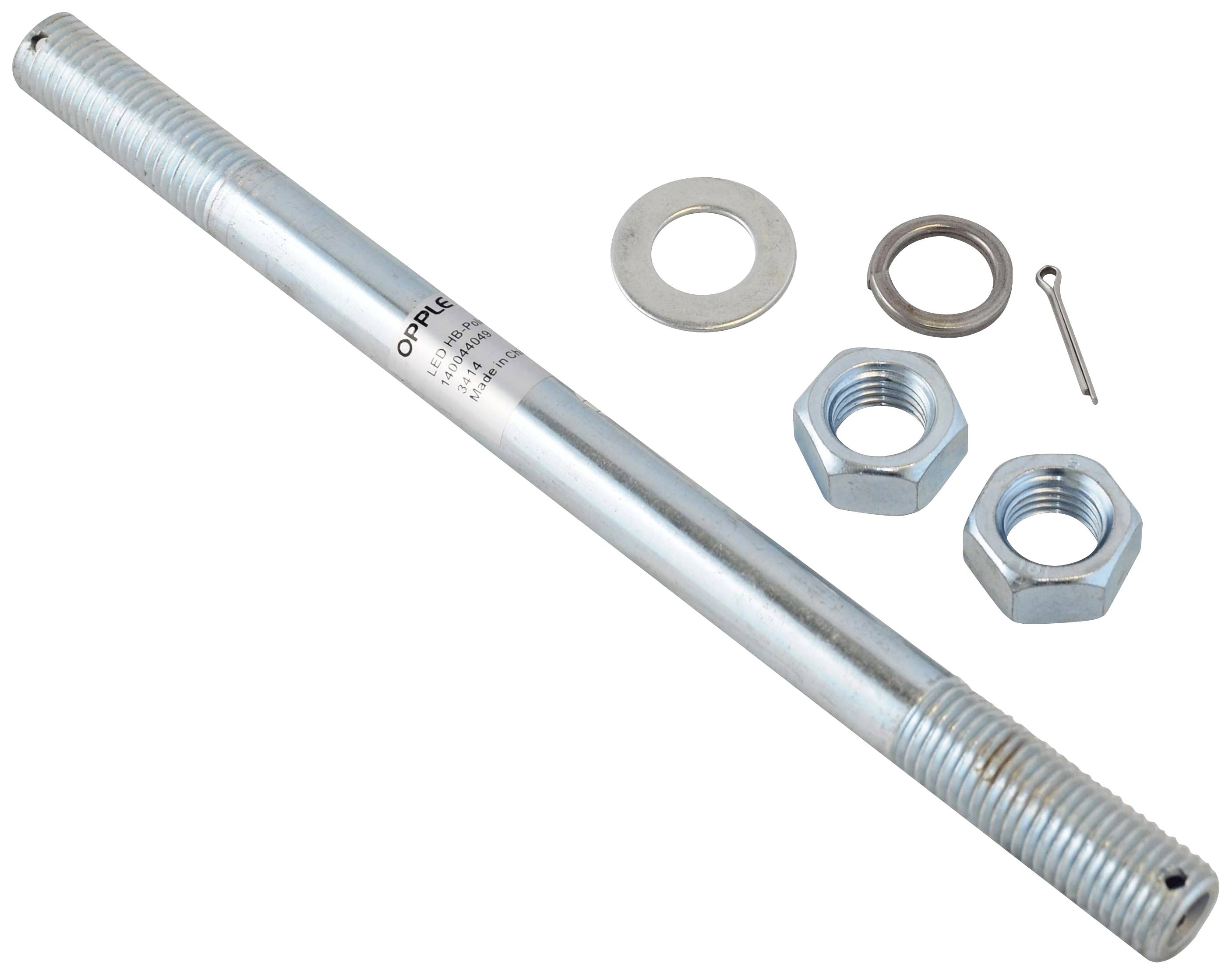 Długi pręt gwintowany z metalu z dwoma nakrętkami, podkładką i zawleczką. Elementy te są często stosowane w połączeniach mechanicznych.