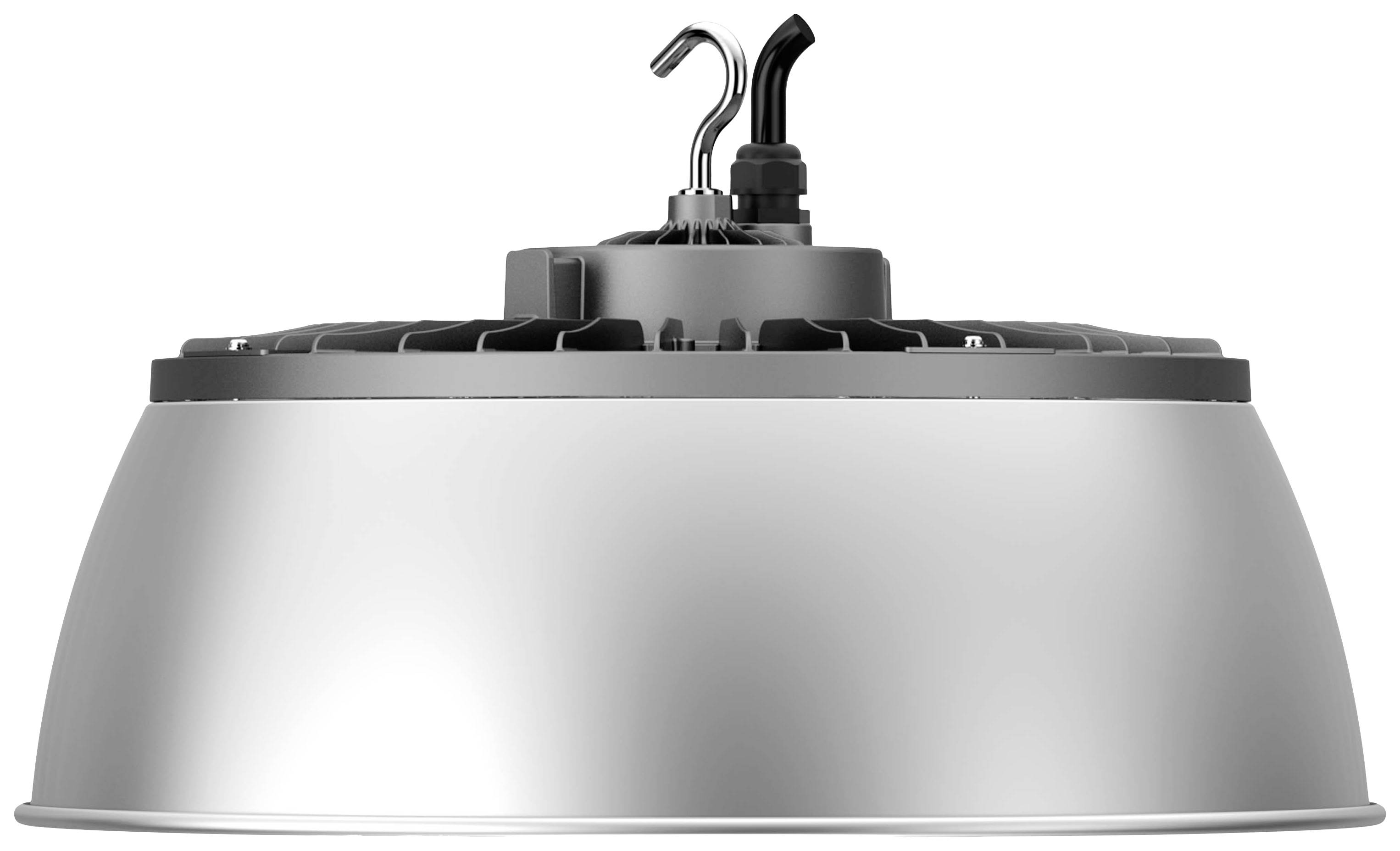 Przemysłowa lampa halowa z srebrną obudową i dwoma hakami do zawieszenia. Idealna do oświetlania dużych przestrzeni wewnętrznych.