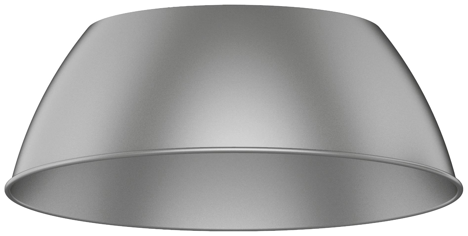 Srebrna, metalowa lampa lub pokrywa w kształcie półkola o gładkiej powierzchni.