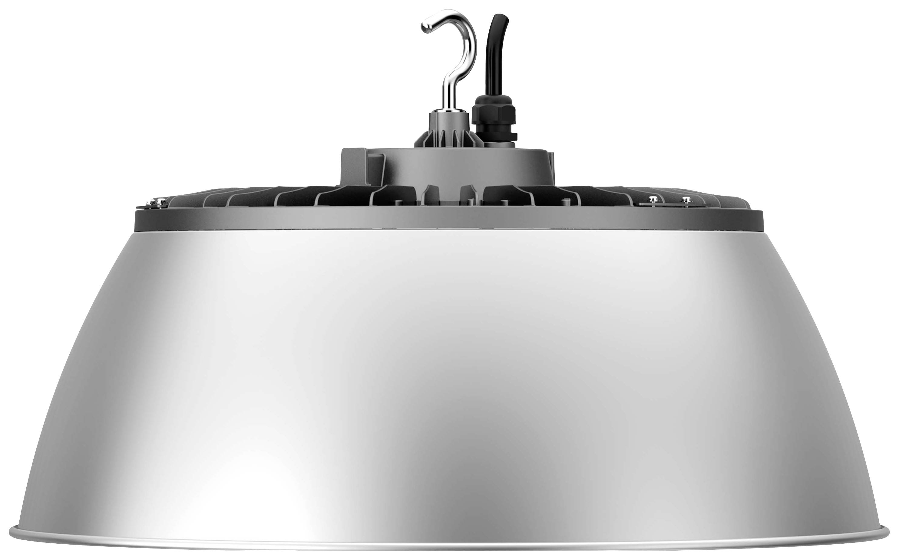 Lampa przemysłowa z hakiem i przewodem, przeznaczona do dużych przestrzeni. Posiada nowoczesny, wytrzymały design w kolorach szarym i czarnym.