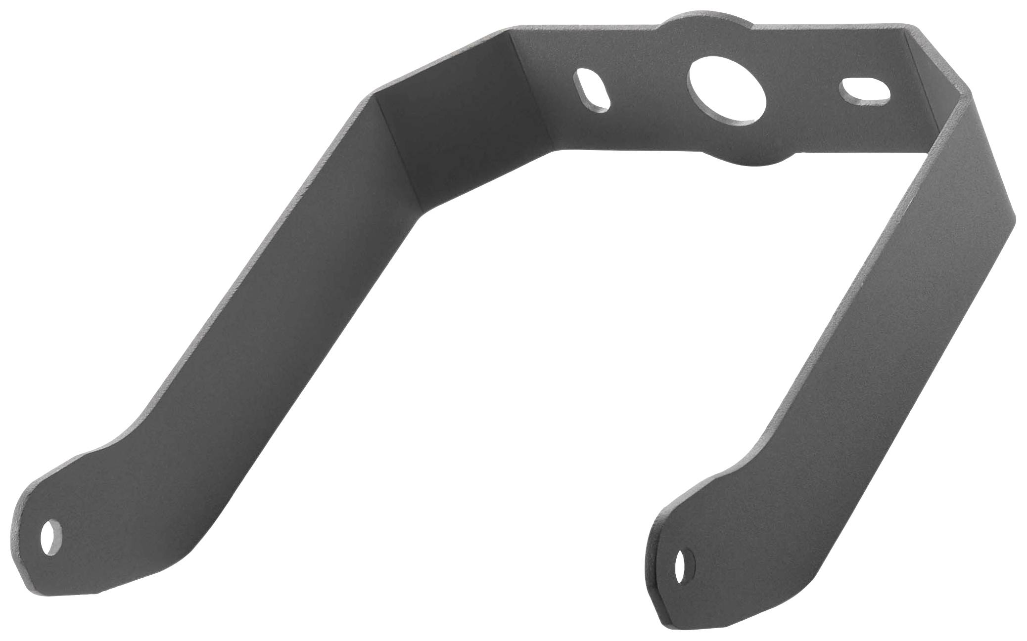 Czarny metalowy uchwyt z okrągłym otworem na górze i dwoma otworami na dolnych końcach.