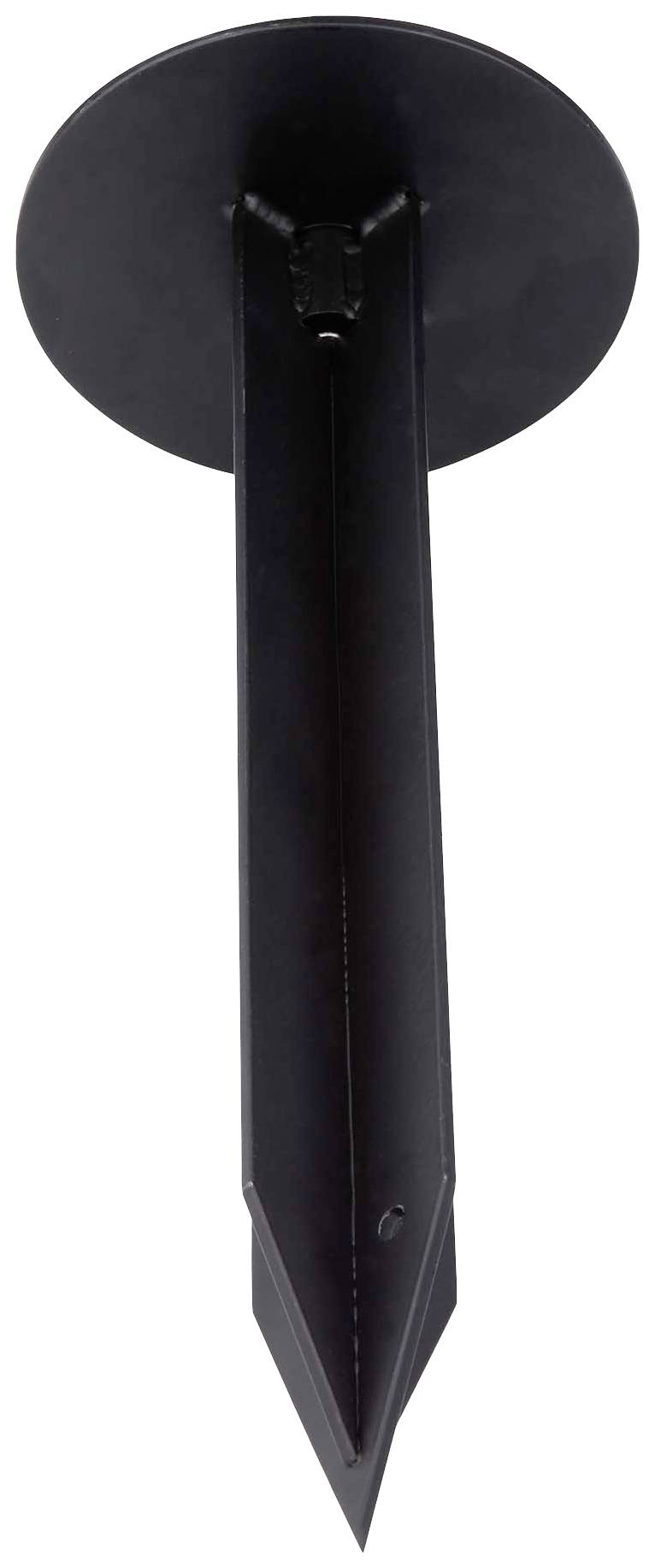 Czarny plastikowy kotew gruntowy z okrągłą główką i ostrzem do mocowania przedmiotów w ziemi.