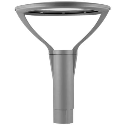 Nowoczesna, wolnostojąca lampa uliczna z metalu o minimalistycznym designie, z okrągłą oprawą świetlną i prostym, cylindrycznym cokołem.