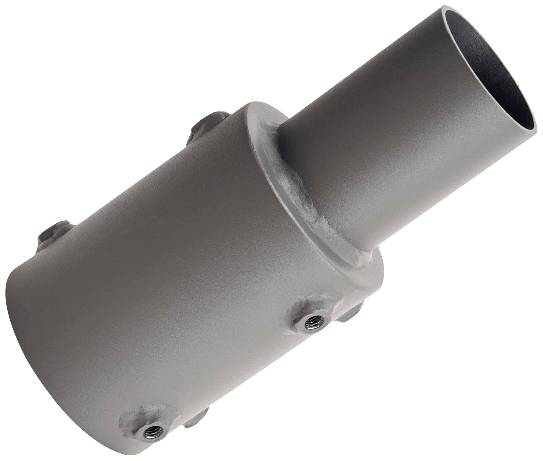 Metalowa tuleja o gładkiej powierzchni z wieloma otworami gwintowanymi. Projekt przemysłowy, często stosowany do połączeń w różnych konstrukcjach.