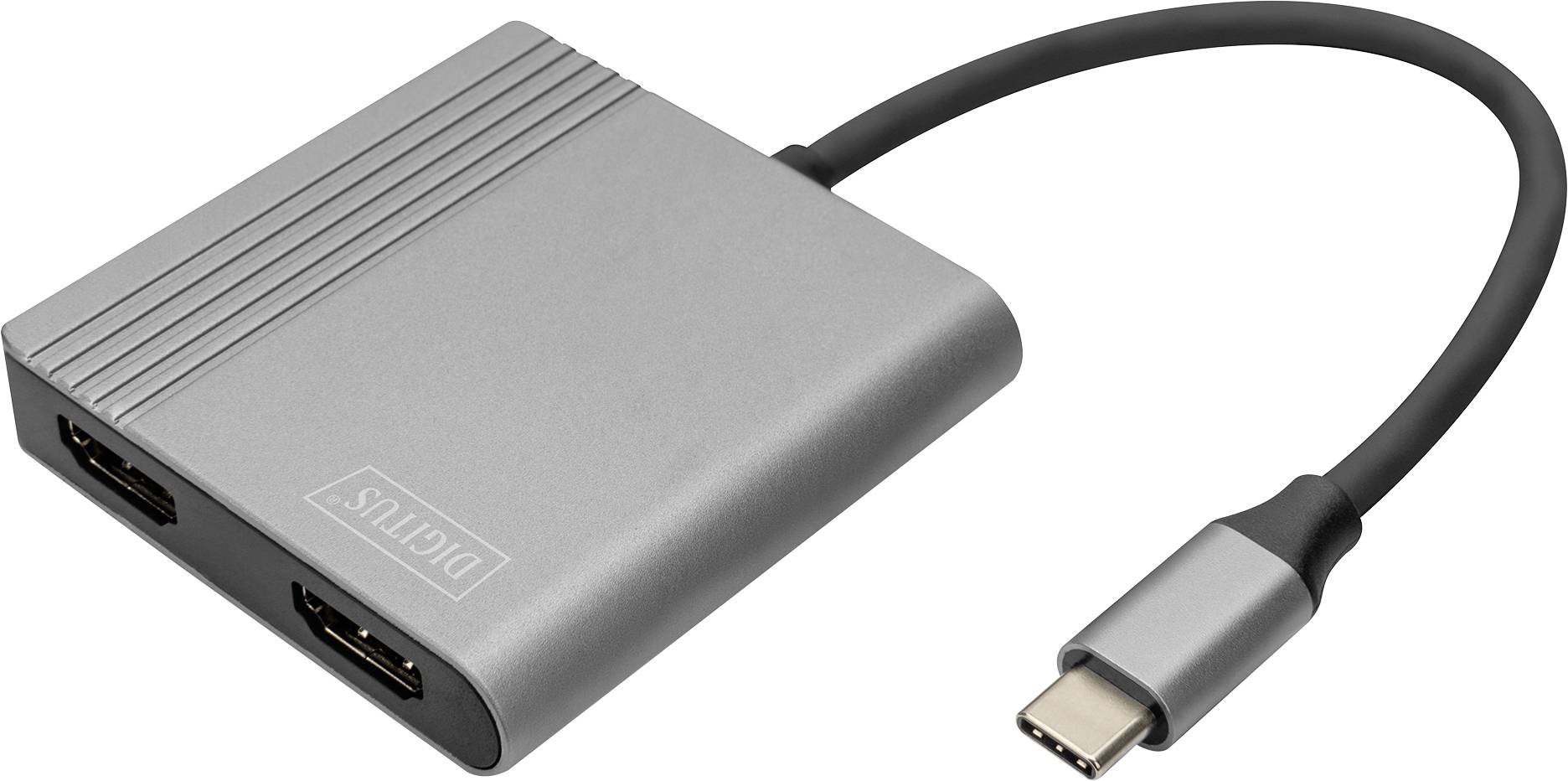 Szary kabel adapter z USB-C na HDMI, z gniazdem HDMI na jednym końcu i wtyczką USB-C na drugim końcu.
