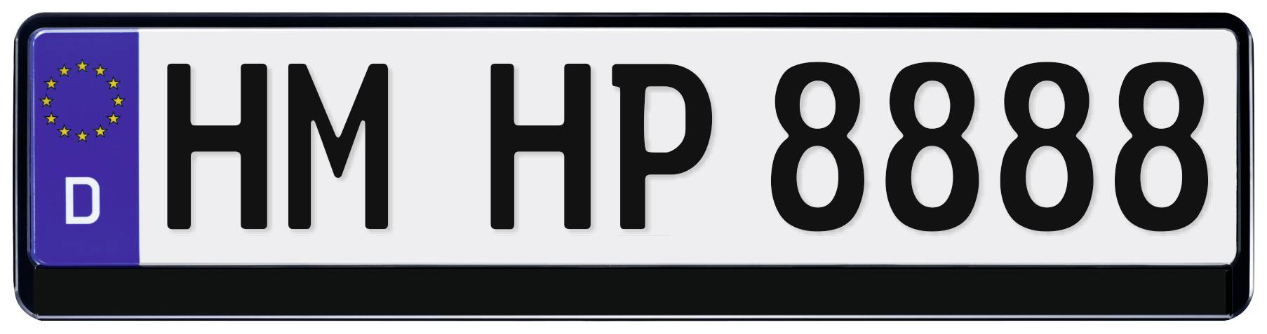Europejski dowód rejestracyjny pojazdu z niebieską flagą UE po lewej stronie oraz niemiecką skrótem 'D', po którym następuje 'HM HP 8888'.