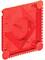 Czerwony, kwadratowy element z żłobkowaną krawędzią i centralnym kołem, prawdopodobnie część zabawki lub systemu konstruktorskiego.