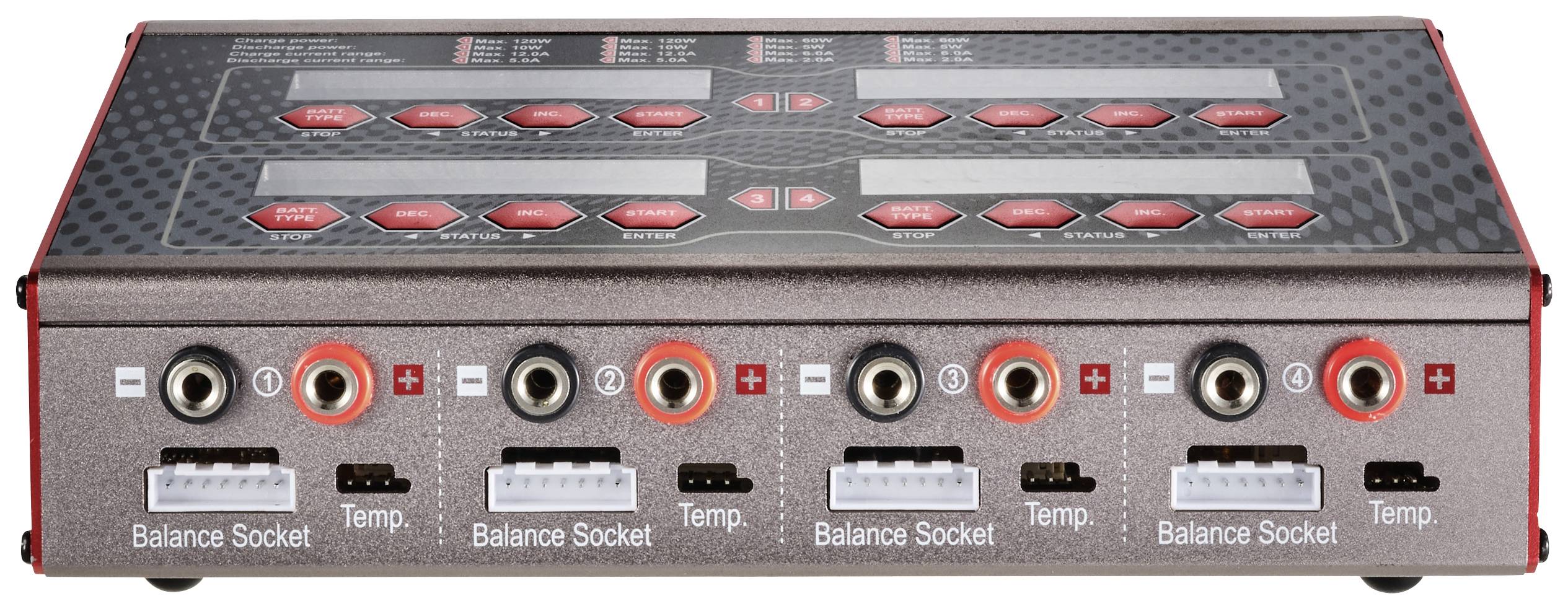 Ładowarka wieloportowa z podstawką do balansowania i pomiaru temperatury, odpowiednia do jednoczesnego ładowania kilku akumulatorów.