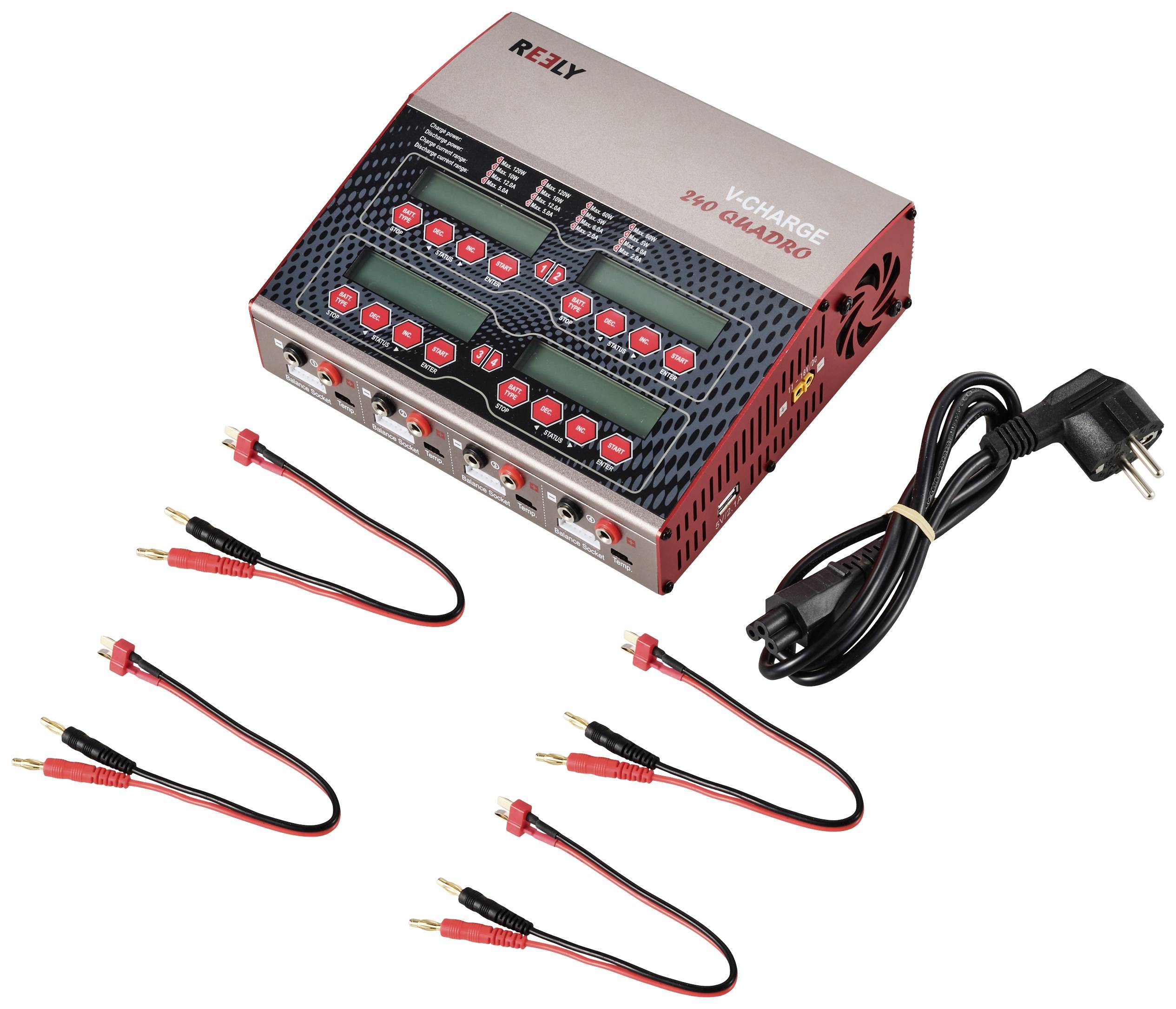 Ładowarka z czterema wyjściami, wyświetlaczem napięcia i natężenia prądu oraz sześcioma przewodami połączeniowymi z zaciskami krokodylkowymi. W zestawie przewód zasilający.