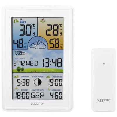 Elektroniczna stacja pogodowa z czujnikiem zewnętrznym. Wyświetla aktualną, minimalną/maksymalną temperaturę i wilgotność powietrza, datę, godzinę i fazy księżyca.
