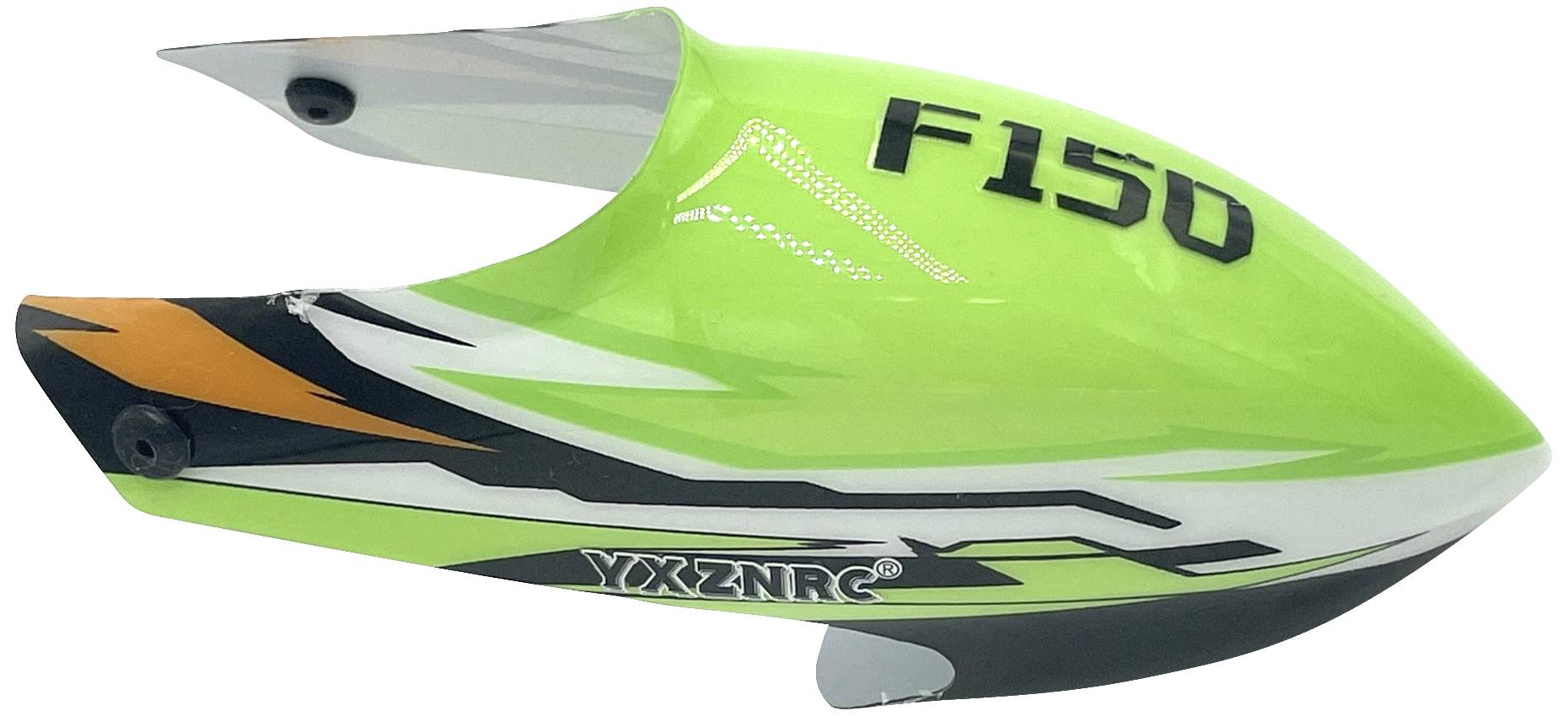 Zielony model łodzi z napisem 'F150' na boku, dynamiczny design w kolorach pomarańczowym, czarnym i białym, odpowiedni dla modeli samochodów.