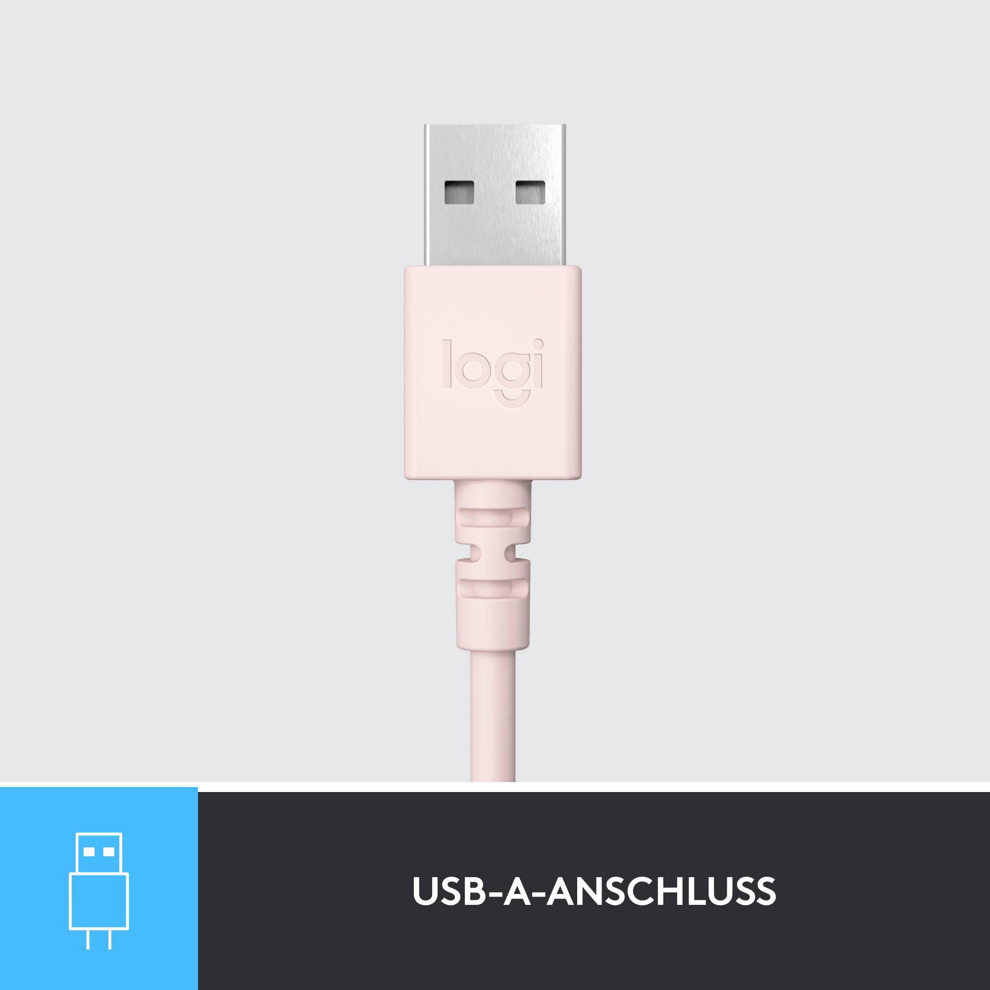 Wtyczka USB-A w jasnoróżowym kolorze z napisem 'logi', przedstawiona nad niebieskim symbolem z oznaczeniem 'port USB-A'.