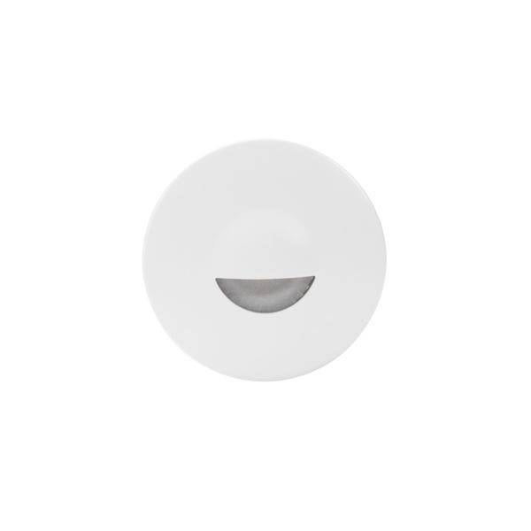 Białe, okrągłe wpuszczane źródło światła z centralnym rozcinkiem, przez który prześwieca światło.