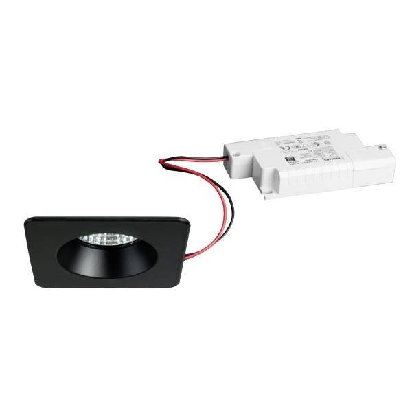 Prostokątna, czarna oprawa wpuszczana z oświetleniem LED i białym sterownikiem zewnętrznym, połączona czerwonymi i czarnymi przewodami.