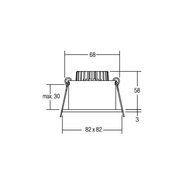 Schemat kwadratowej lampy o wymiarach: wysokość 58 mm, szerokość 68 mm, maksymalna głębokość montażu 30 mm, wymiary zewnętrzne 82 x 82 mm.