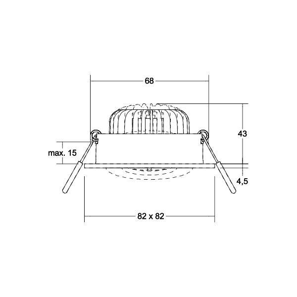 Rysunek kwadratowego sufitowego reflektora z wymiarami: głębokość pomieszczenia 68 mm, wysokość całkowita 43 mm, maksymalna głębokość zabudowy 15 mm, widoczny otwór 82x82 mm, odległość mocowania 4,5 mm.