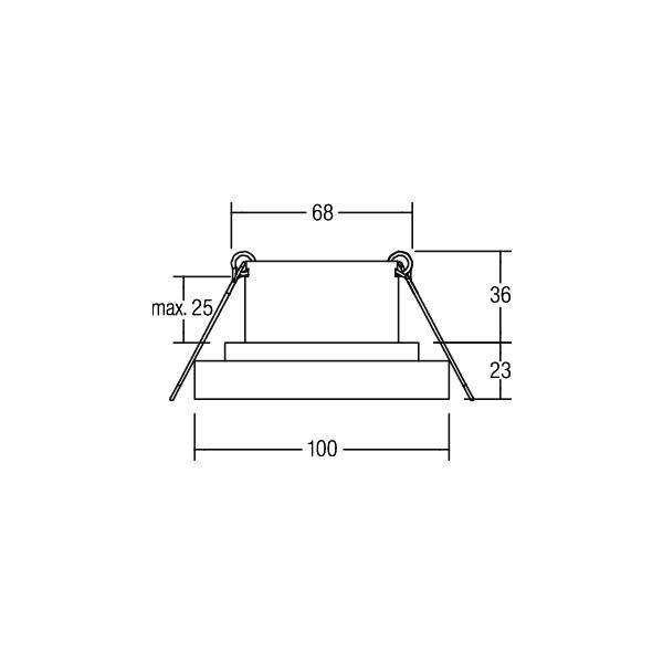 Rysunek techniczny prostokątnego obiektu z wymiarami: szerokość 100, wysokość 23, hak mocujący przy 68, maksymalna wysokość 25 i 36.