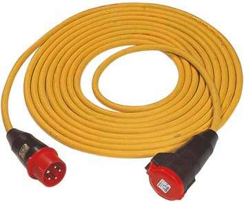 Żółty kabel przedłużający z czerwonymi złączami na obu końcach, sfotografowany na białym tle.