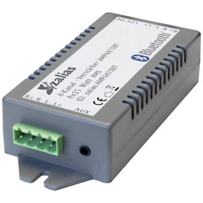 Szary 4-kanałowy wzmacniacz z logo Bluetooth, opisany napisem 'zalias AMP415BT 4x15 watów RMS', prezentujący złącza i zielone złącze terminala.