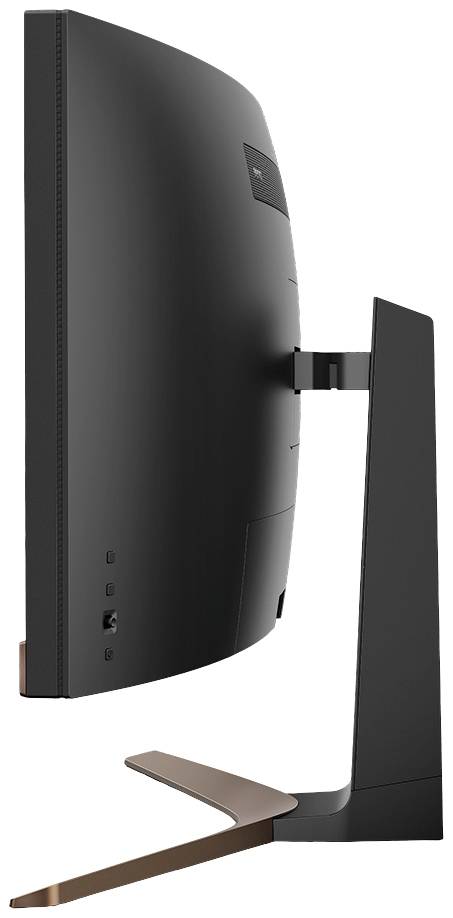 Boczny profil nowoczesnego monitora komputerowego z zakrzywionym ekranem i smukłą, minimalistyczną podstawą.