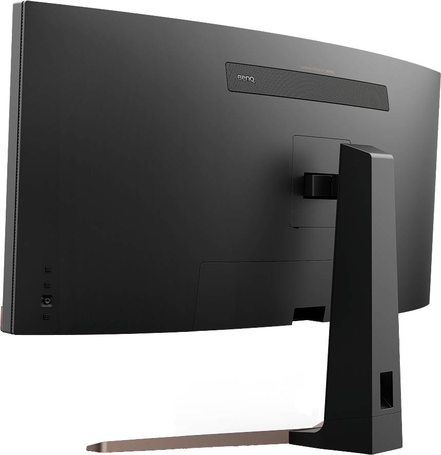 Widok z tyłu czarnego, zakrzywionego ekranu komputerowego ze stabilną podstawą i dyskretnym panelem sterowania.