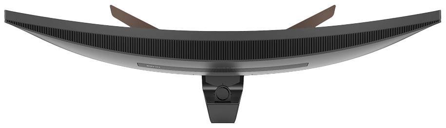 Zakrzywiony monitor widziany z góry, prezentujący swoją wygiętą formę ekranu oraz podstawę mocującą.