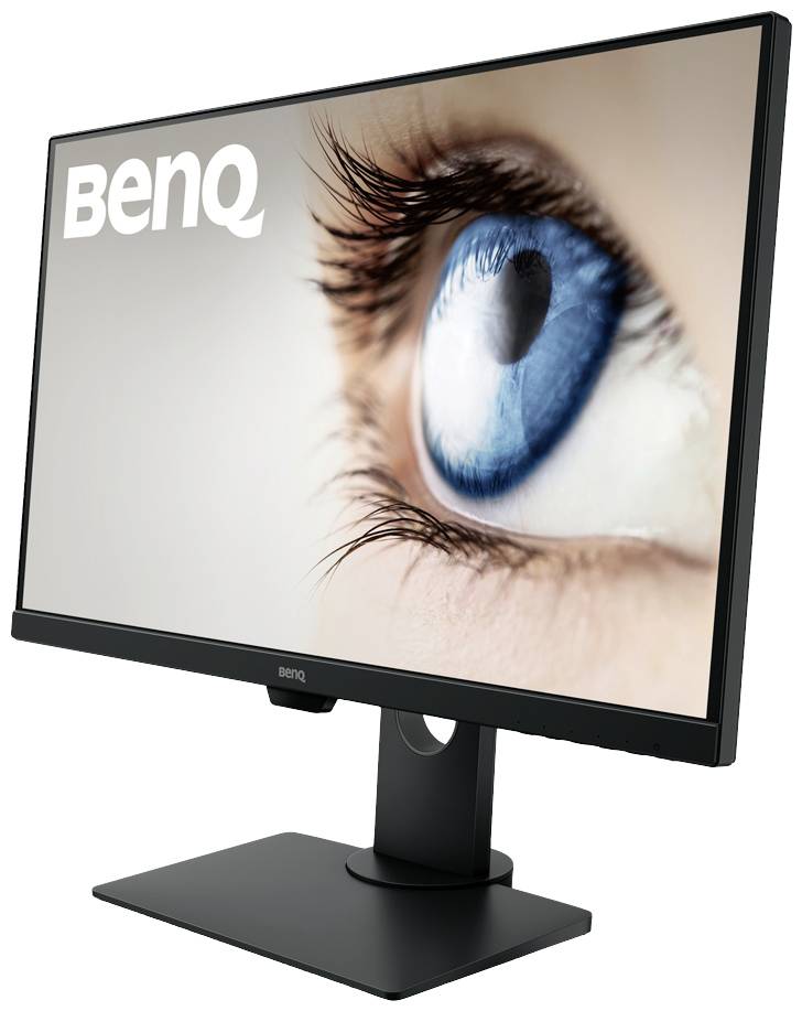 Monitor z bliskim ujęciem niebieskiego oka na ekranie, nazwa marki 'BenQ' w lewym górnym rogu.