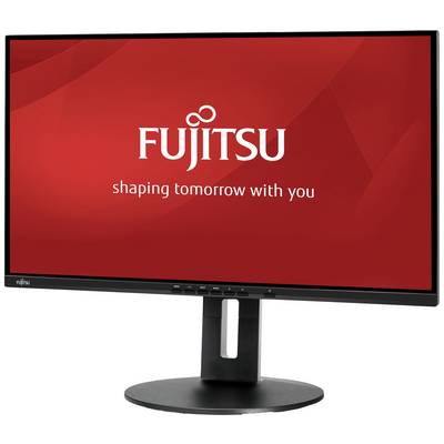Monitor Fujitsu z czerwonym tłem wyświetla napis 'Fujitsu shaping tomorrow with you'.