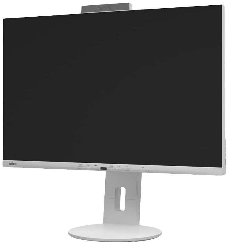 Czarny ekran komputerowy z białą ramką na stabilnej podstawie.