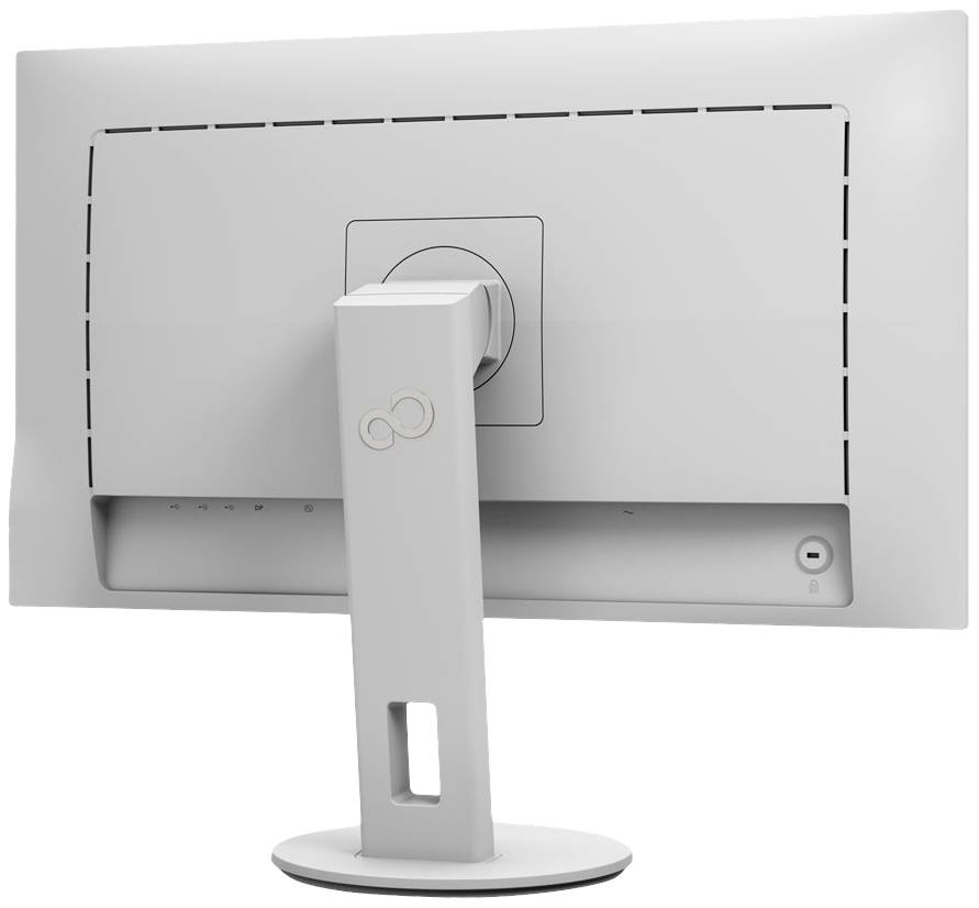 Szary monitor komputerowy widziany od tyłu, o minimalistycznym designie i solidnej podstawie. Bez widocznych oznaczeń marki lub modelu.