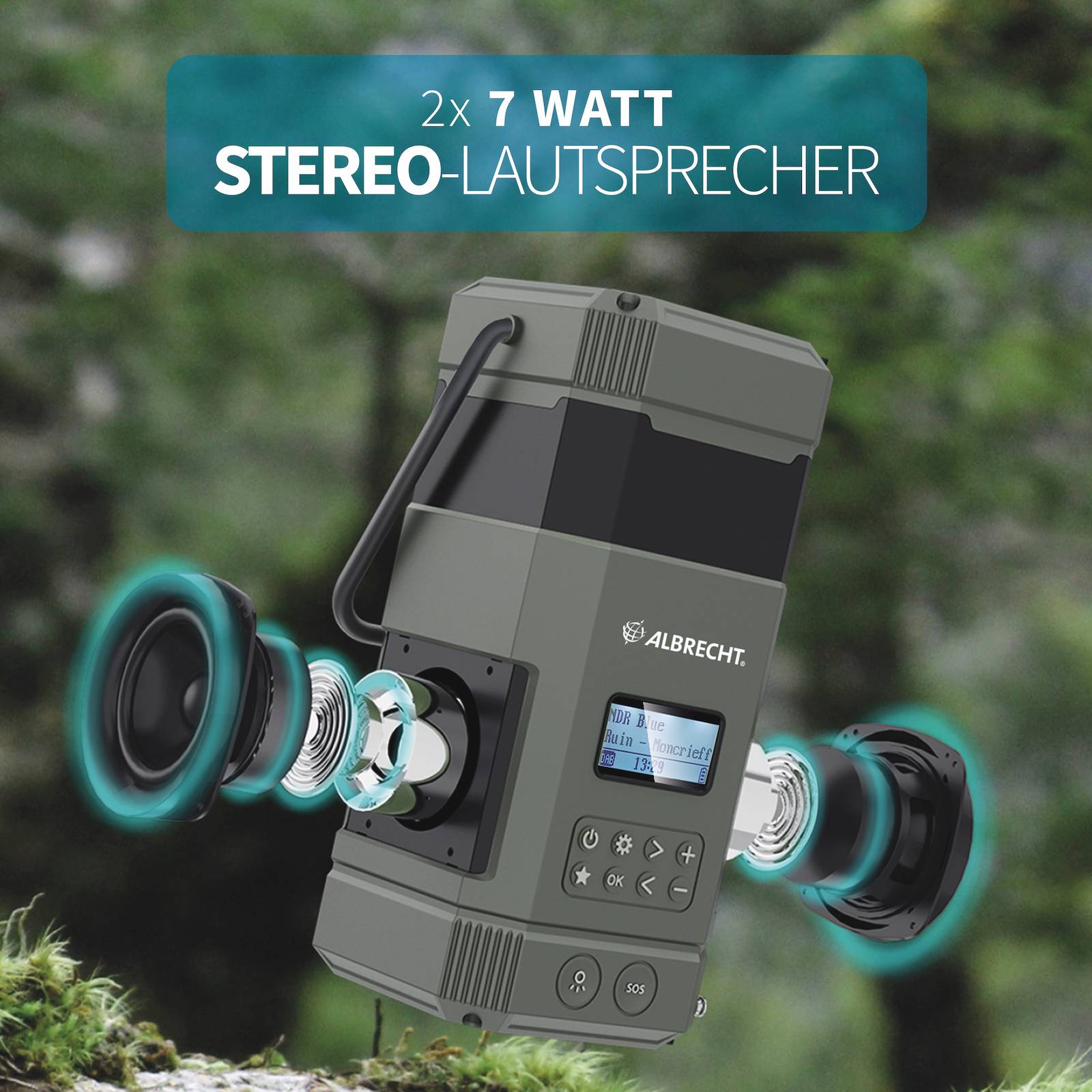 Na górze widnieje napis '2x 7 Watowe głośniki stereo'. Poniżej znajduje się przenośne, szare urządzenie z głośnikami i wyświetlaczem. Oznaczone logo 'Albrecht'.
