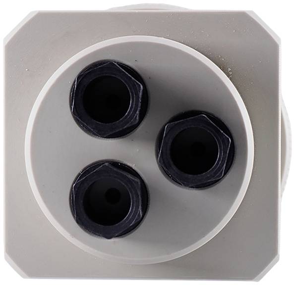 Trzy czarne śruby sześciokątne są zamocowane w okrągłej, szarej obudowie, która spoczywa na kwadratowej podstawie.