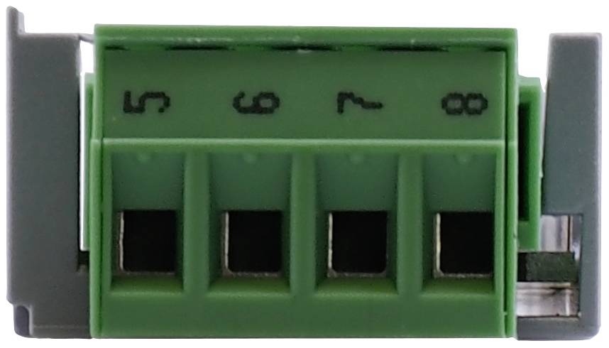 Zielony elektryczny złącz wtykowy z czterema ponumerowanymi złączami od 5 do 8, przeznaczony do podłączania przewodów elektrycznych.