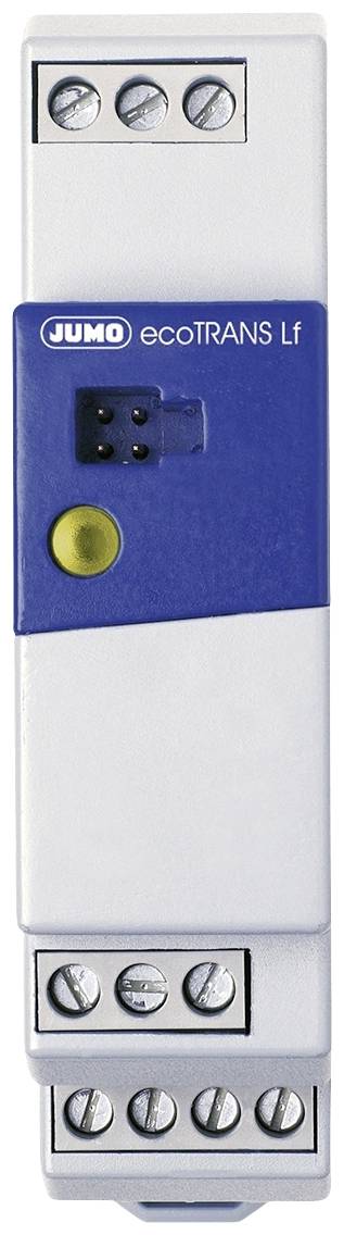 Miernik przewodności 'JUMO ecoTRANS Lf' w podłużnej obudowie w kolorze niebieskim i białym, z przyłączami śrubowymi u góry i u dołu.