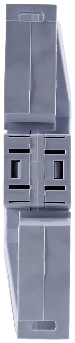 Szary, prostokątny plastikowy pojemnik, prawdopodobnie element elektryczny, o zamkniętych bokach i kilku szczelinach.