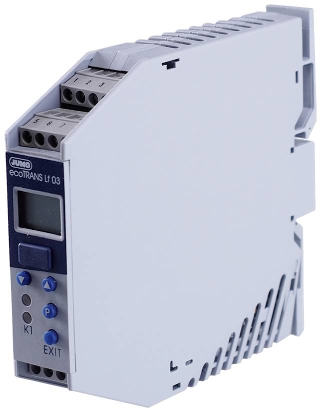 Elektroniczne urządzenie firmy Jumo z przyciskami i wyświetlaczem, model 'Ecomrans Lf 03', prawdopodobnie przeznaczone do pomiarów przemysłowych.