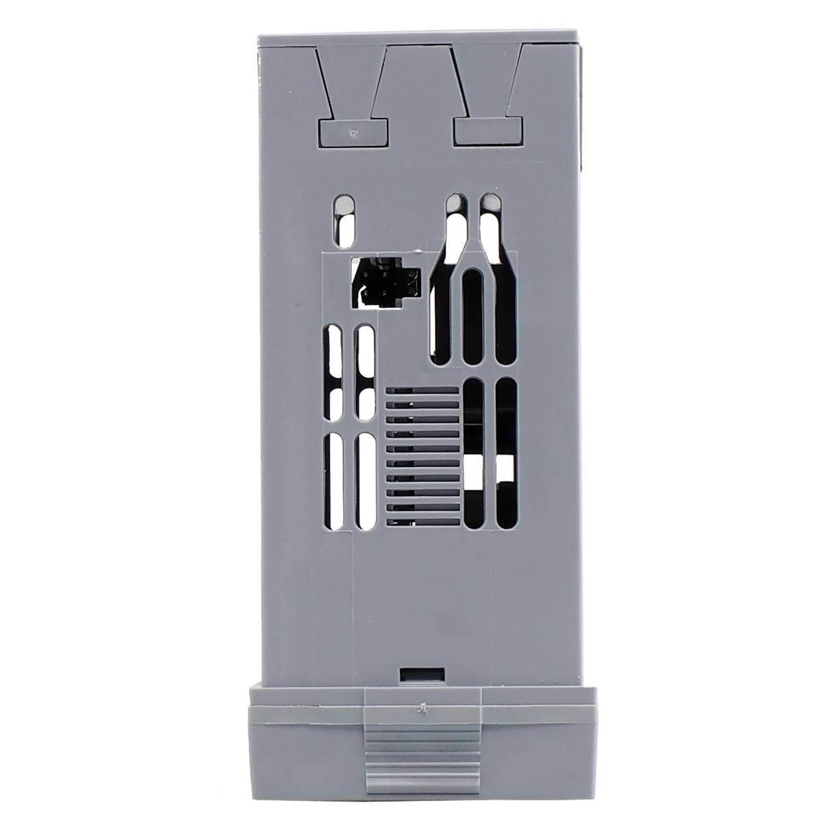 Szara plastikowa część z nacięciami i otworami, prawdopodobnie element obudowy elektronicznej lub urządzenia mechanicznego.