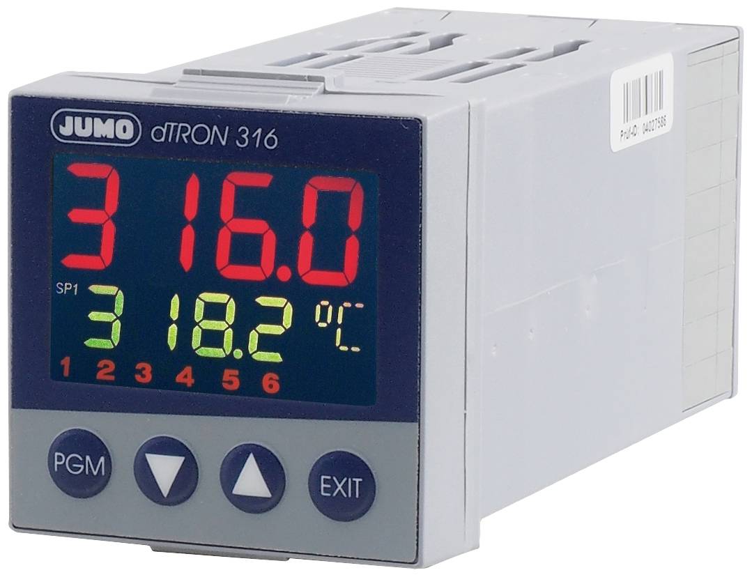 Cyfrowy regulator temperatury z wyświetlaczem wskazującym '316,0' oraz wartość zadaną '318,2°C'. Dostępne są przyciski sterujące do programowania i wyjścia.
