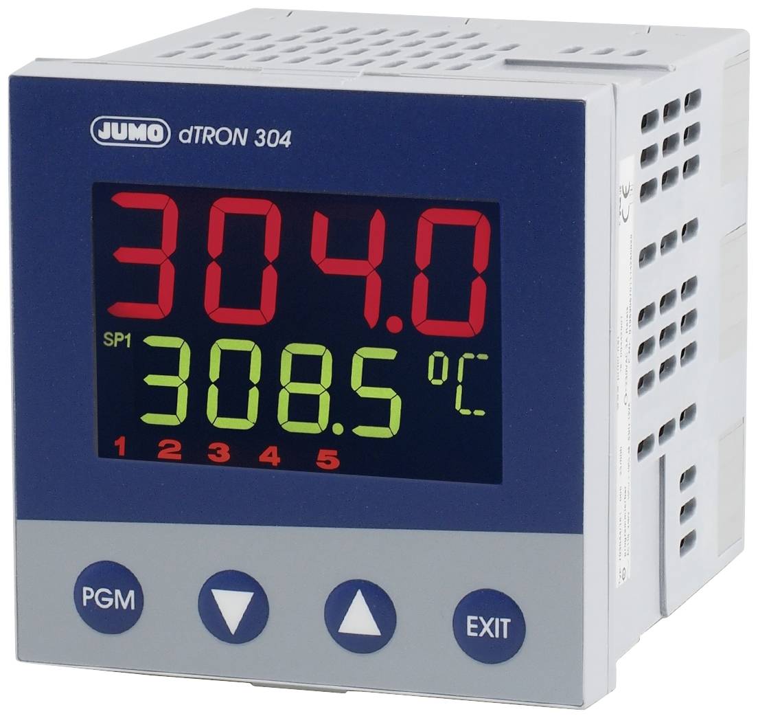 Cyfrowy wyświetlacz regulatora. Górna czerwona liczba wskazuje aktualną wartość '304,0', zielona liczba poniżej to wartość docelowa '308,5 °C'.