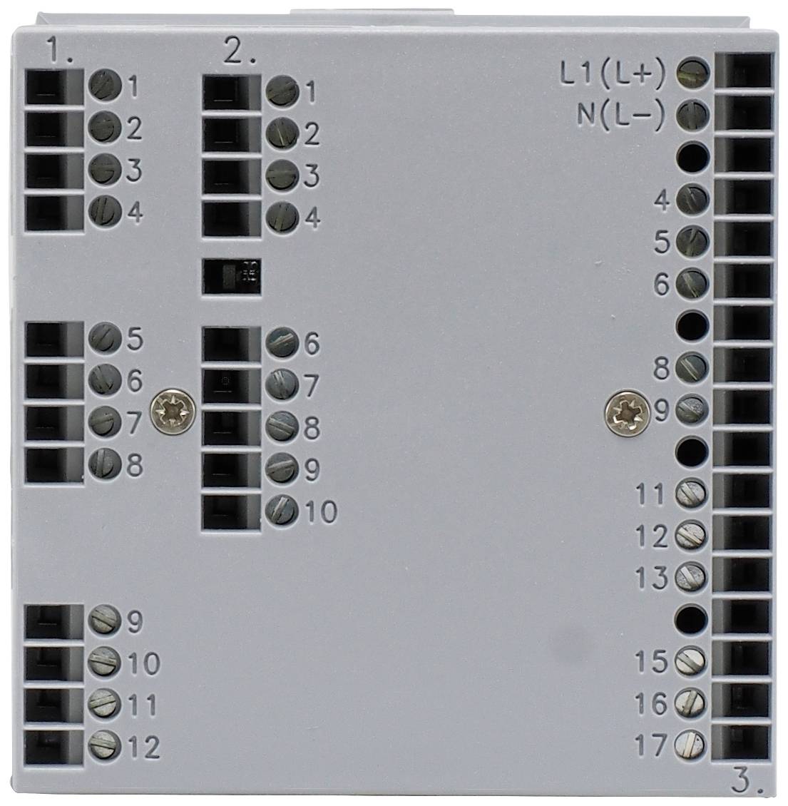 Szary elektryczny moduł przyłączeniowy z numerowanymi zaciskami śrubowymi i oznaczeniami przyłączy L1/N w prawym górnym rogu.
