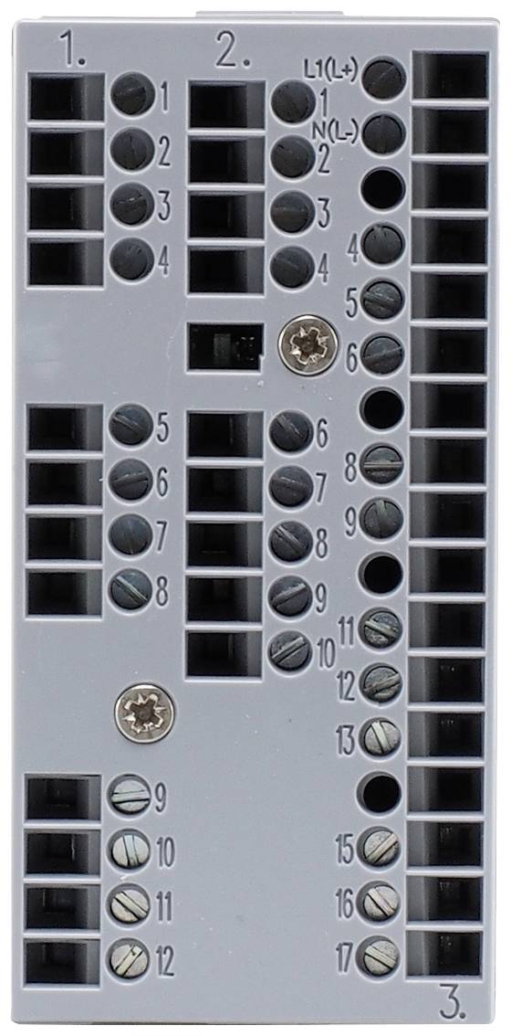 Szary elektryczny moduł przyłączeniowy z numerowanymi stykami i połączeniami śrubowymi. Na górze z oznaczeniami 'L1(L)', 'N(L)'.