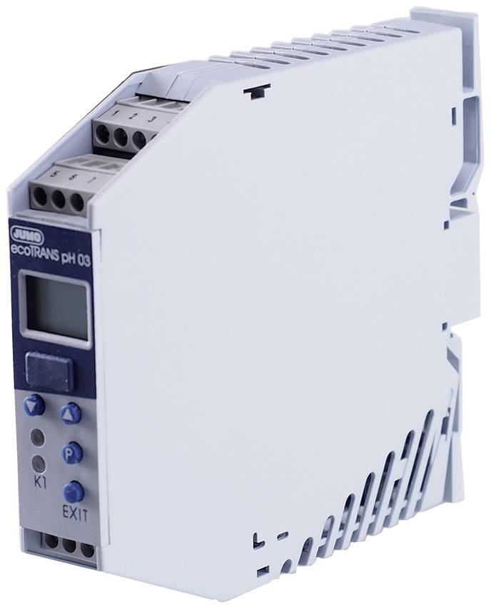 Prostokątne, białe elektroniczne urządzenie pomiarowe z małym wyświetlaczem cyfrowym, trzema niebieskimi przyciskami i napisem 'ecoTRANS pH 03'.