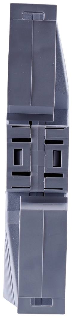 Szary elektroniczny sprzęt, prawdopodobnie element do tablicy rozdzielczej, o długoosiowej, wąskiej obudowie z kilkoma szczelin.