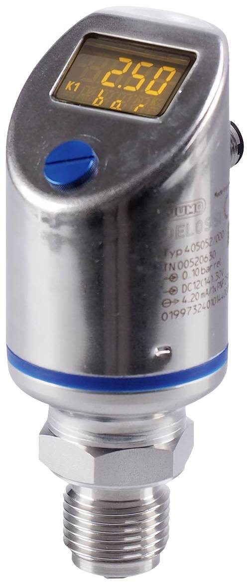 Czujnik ciśnienia z wyświetlaczem cyfrowym wskazujący '2.50 bar'. Obudowa metalowa, niebieski element sterujący. Do monitorowania systemów ciśnieniowych.