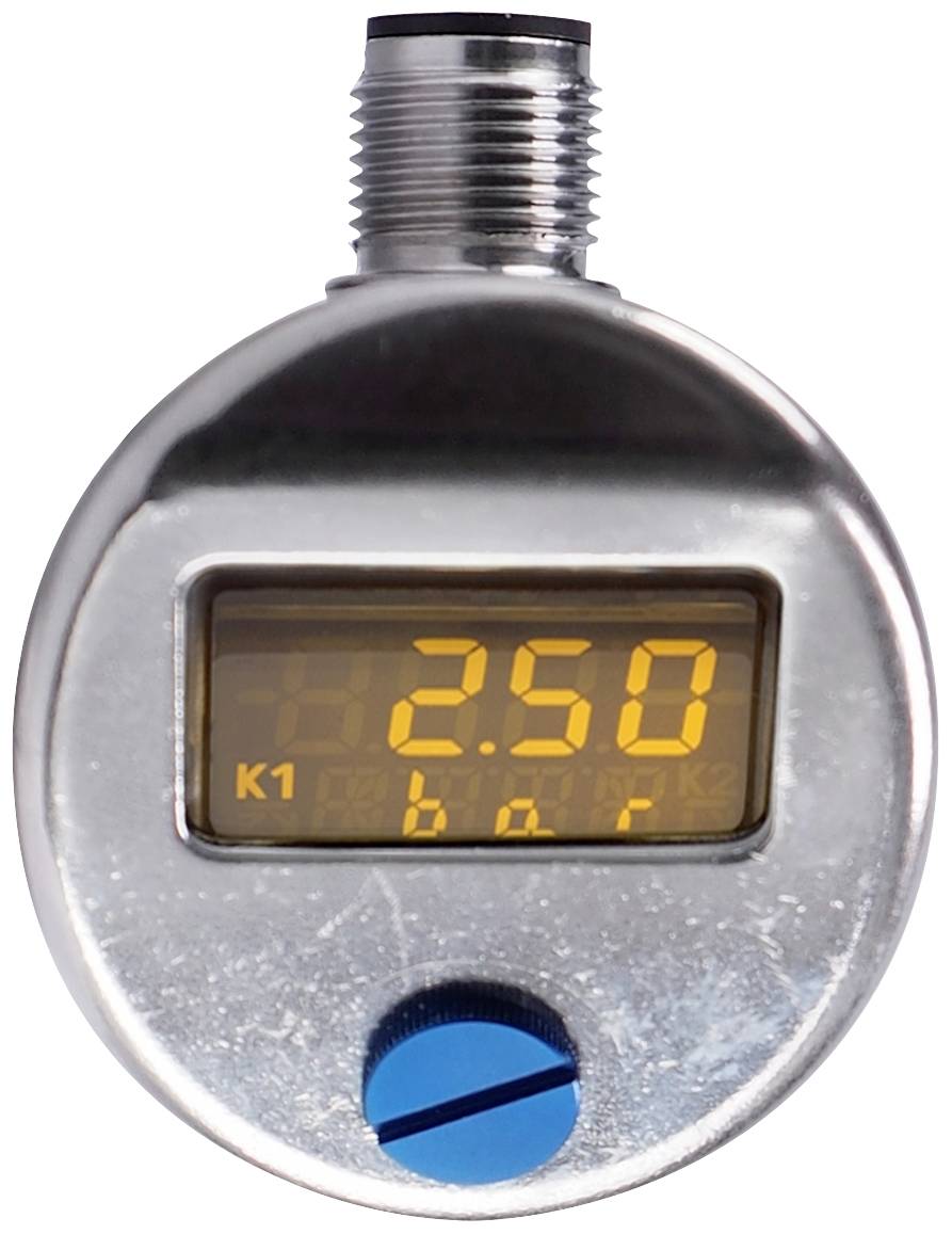 Cyfrowy miernik ciśnienia w okrągłej obudowie wskazuje '2.50'. Niebieski przycisk na dole służy do sterowania. Na górze znajduje się metalowe złącze.
