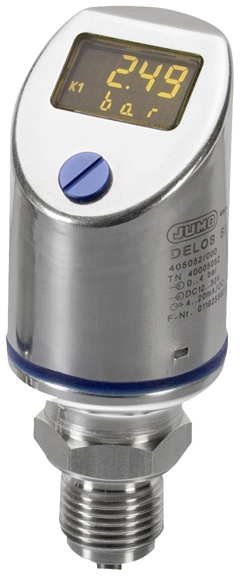 Cyfrowy czujnik ciśnienia z wyświetlaczem wskazuje '2,49 bara'. Czujnik posiada metalową obudowę i złącze gwintowane u dołu.