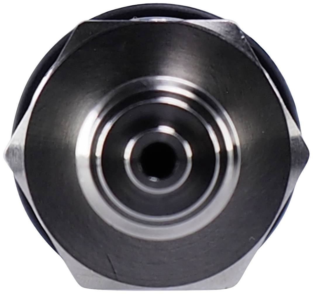 Widok z przodu metalowej dyszy z cylindrycznym otworem pośrodku, otoczonym błyszczącymi powierzchniami.