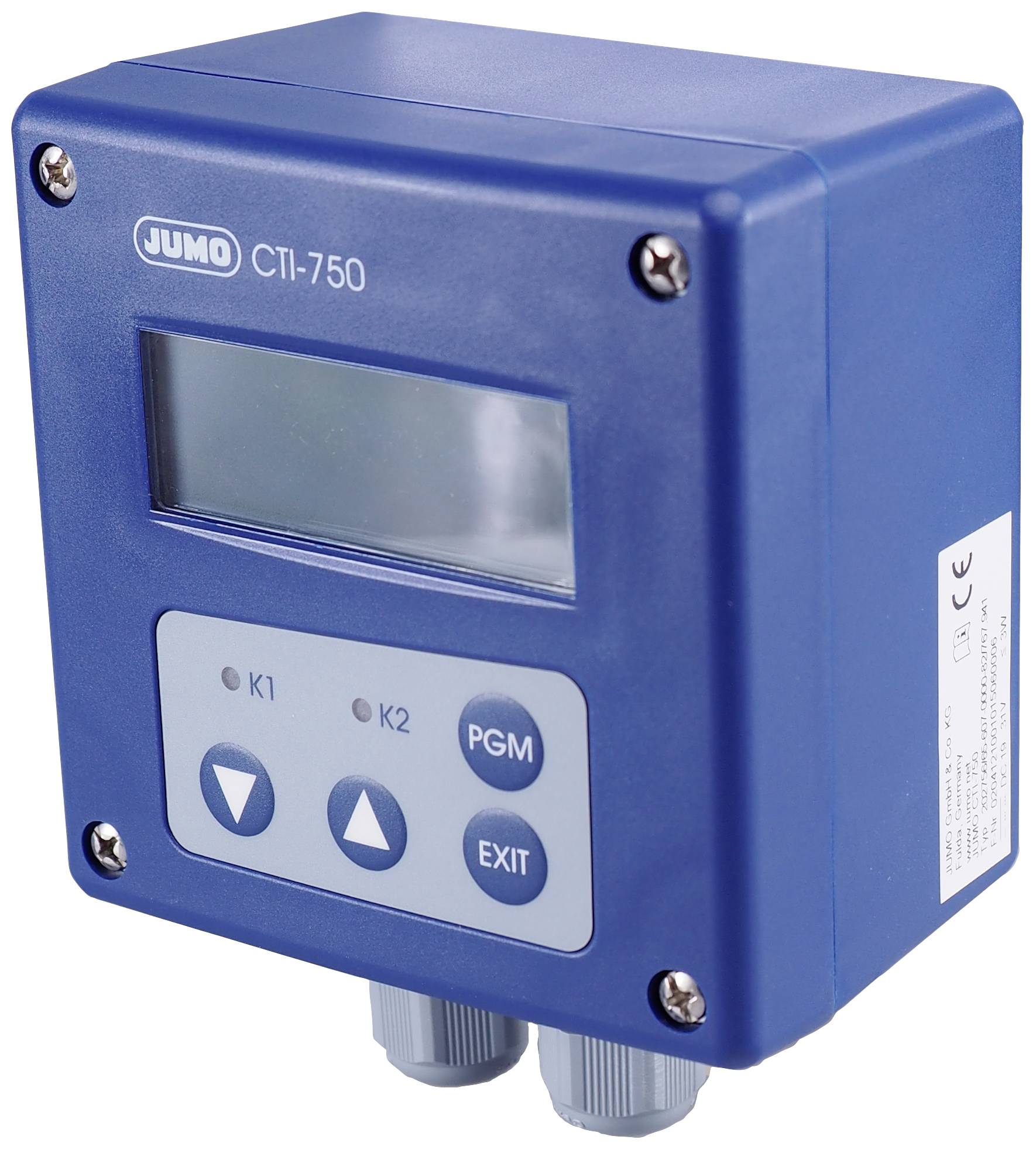 Niebieskie urządzenie Jumo CTI-750 z wyświetlaczem i kilkoma przyciskami sterującymi, w tym przyciskami 'PGM' i 'EXIT'.