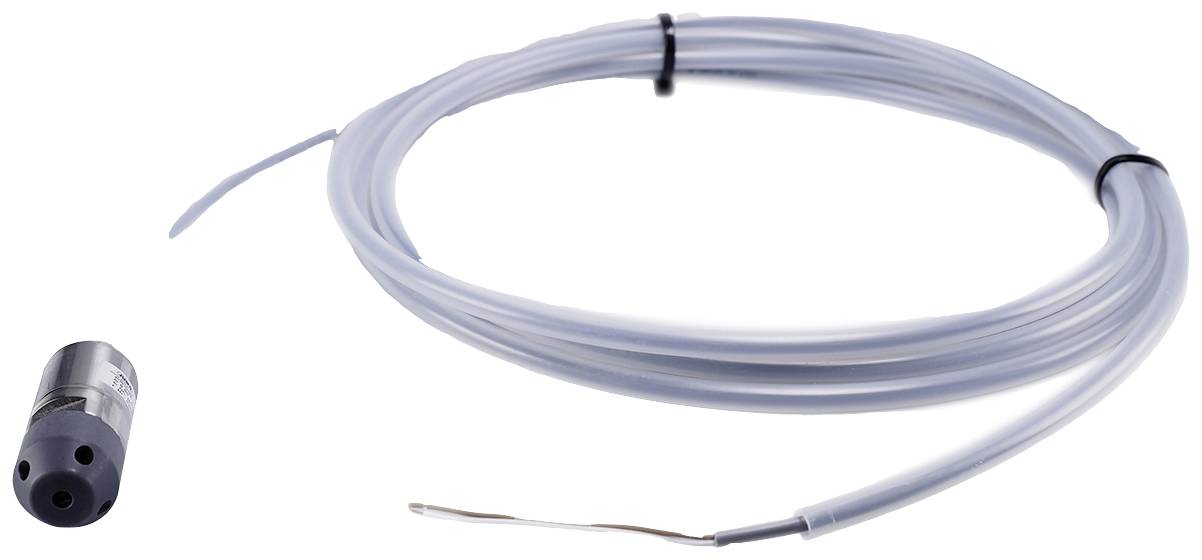 Szary, długi czujnik kablowy z metalowym złączem, używany do monitorowania temperatury. Po lewej stronie widoczny jest metalowy element końcowy czujnika.