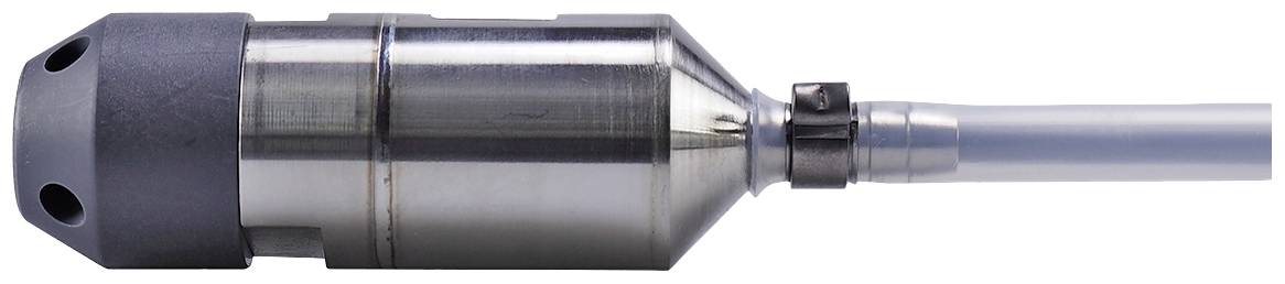 Metalowy cylinder z przyłączem przewodu, prawdopodobnie element urządzenia technicznego, widok z boku.